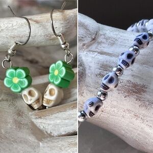 Dainty Tiny Skull Bracelet Earring Set Whimsigoth Bundle